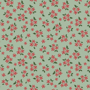 a repeating pattern of red flowers and green leaves on a light green background.