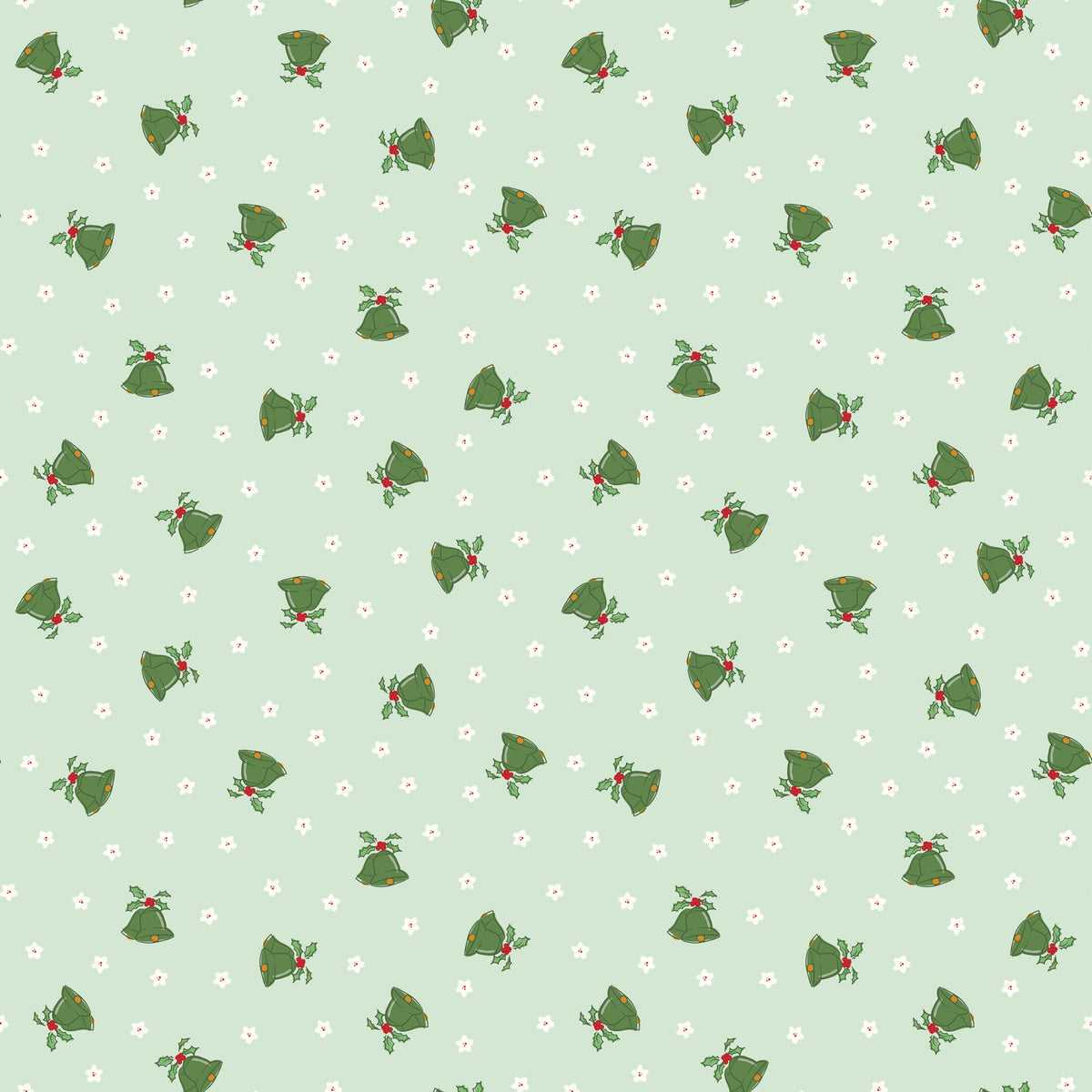 a repeating pattern of green Christmas bells against a light green background with white stars.