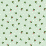a repeating pattern of green Christmas bells against a light green background with white stars.