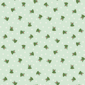 a repeating pattern of green Christmas bells against a light green background with white stars.