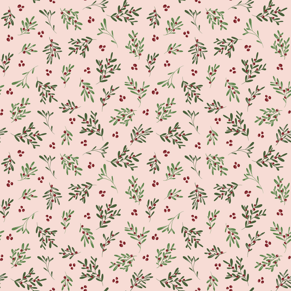 a repeating pattern of green leaves and red berries on a light pink background.