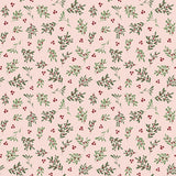 a repeating pattern of green leaves and red berries on a light pink background.