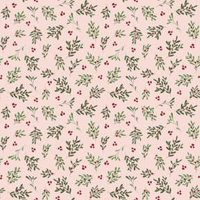 a repeating pattern of green leaves and red berries on a light pink background.