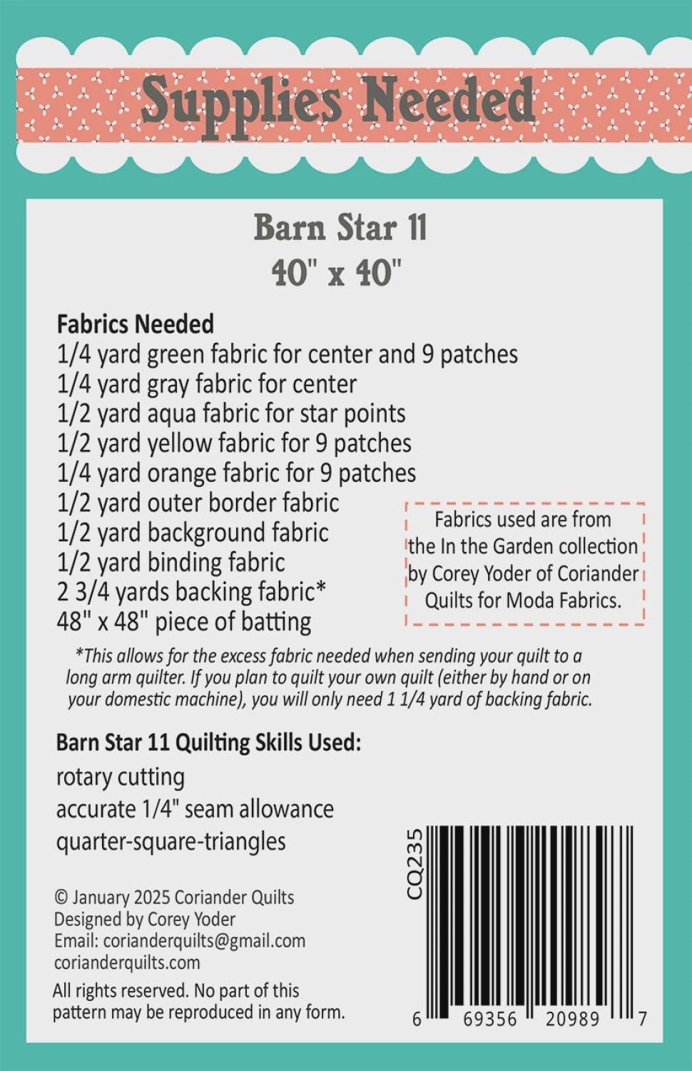 Mini Barn Star 11 Quilt Pattern by Coriander Quilts CQ235 Bin MP