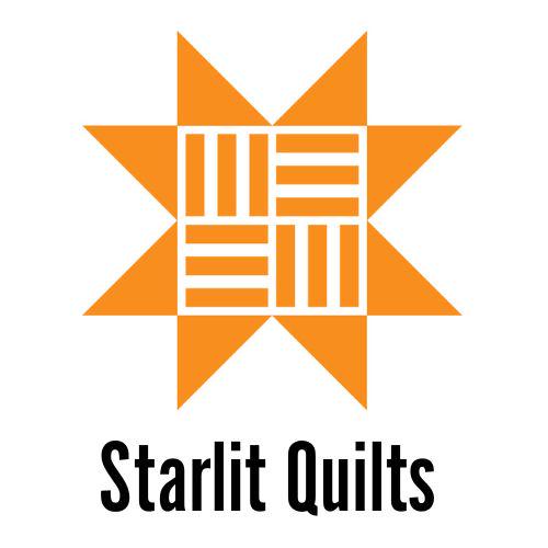 the logo for &quot;Starlit Quilts&quot;, which consists of an orange star-shaped design with a grid pattern inside it.