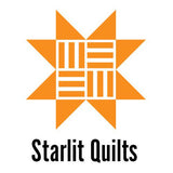 the logo for &quot;Starlit Quilts&quot;, which consists of an orange star-shaped design with a grid pattern inside it.