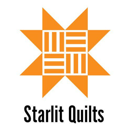 the logo for &quot;Starlit Quilts&quot;, which consists of an orange star-shaped design with a grid pattern inside it.