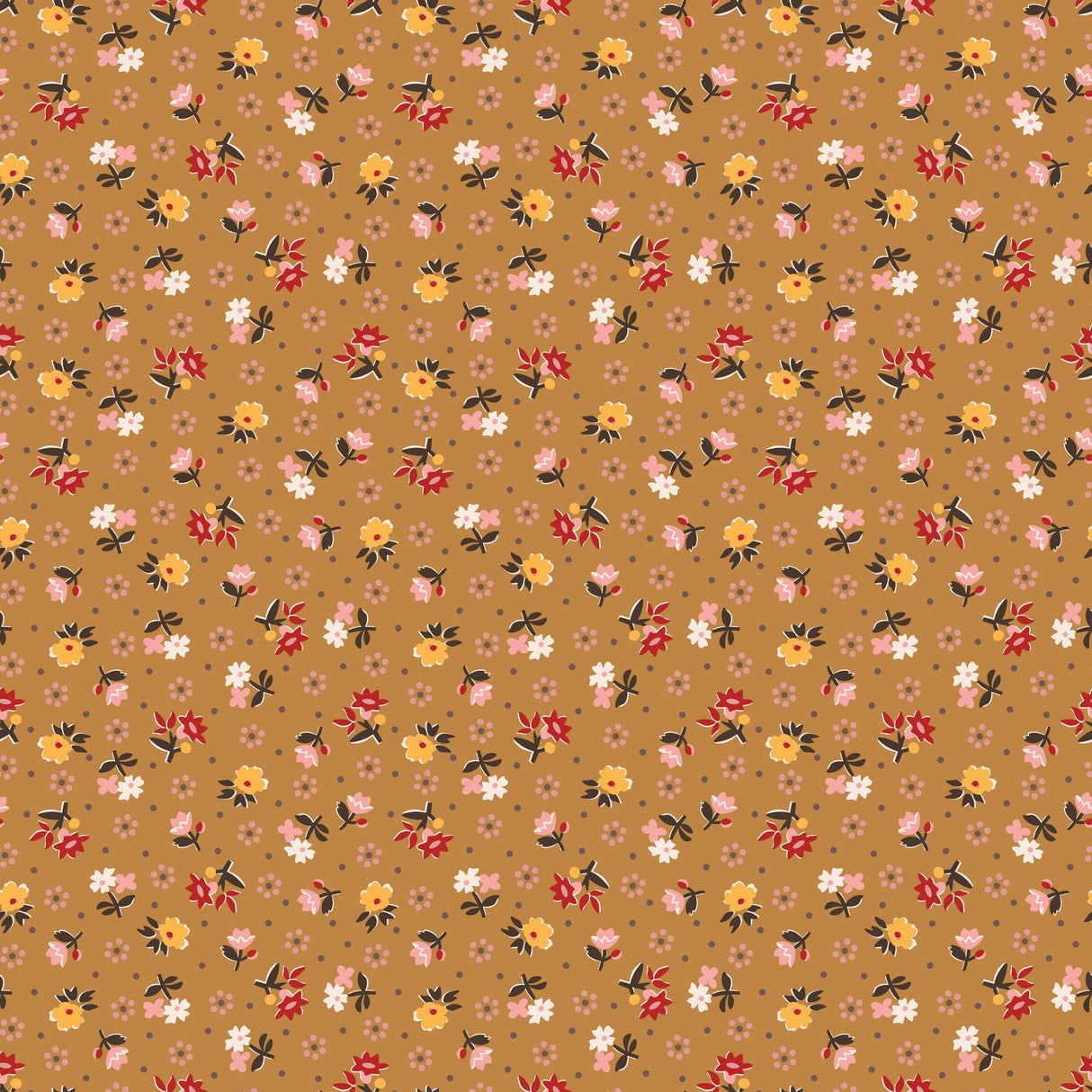 a repeating pattern of small flowers in various colors, including red, yellow, and white, against a brown background.