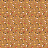 a repeating pattern of small flowers in various colors, including red, yellow, and white, against a brown background.