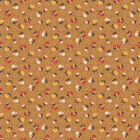 a repeating pattern of small flowers in various colors, including red, yellow, and white, against a brown background.