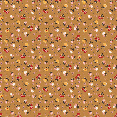 a repeating pattern of small flowers in various colors, including red, yellow, and white, against a brown background.