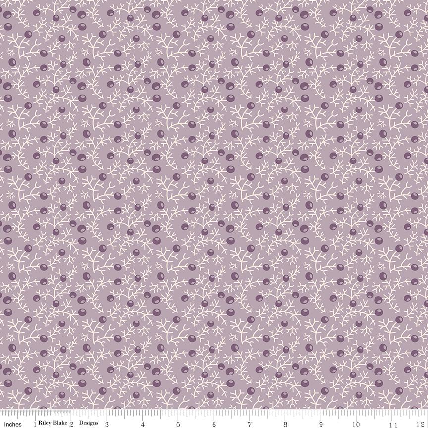 The image is a repeating pattern of purple flowers and leaves, with small white dots scattered throughout the design.