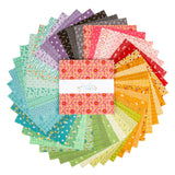 A collection of colorful fabric squares arranged in a circular pattern, with a central red square surrounded by a variety of other patterned fabric squares in different colors and designs.