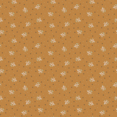 a repeating pattern of small white flowers against a brown background.