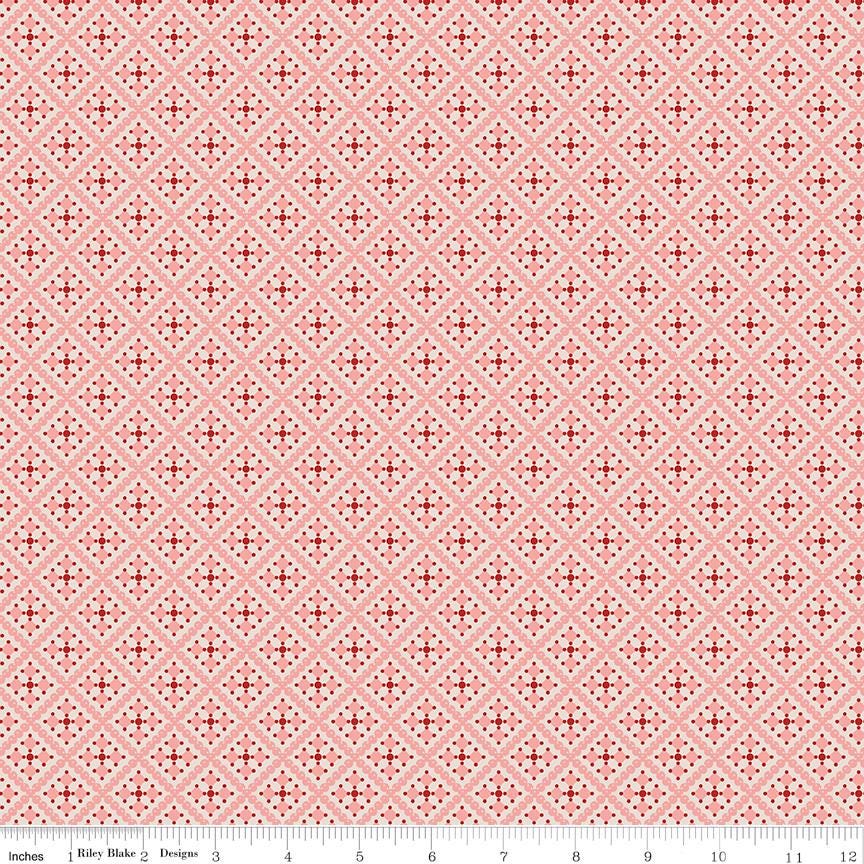 a repeating pattern of red and white diamond shapes arranged in a grid-like fashion.