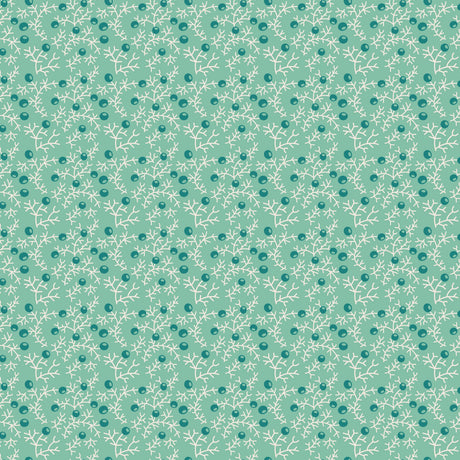 a repeating pattern of small white branches and green circles on a light green background.