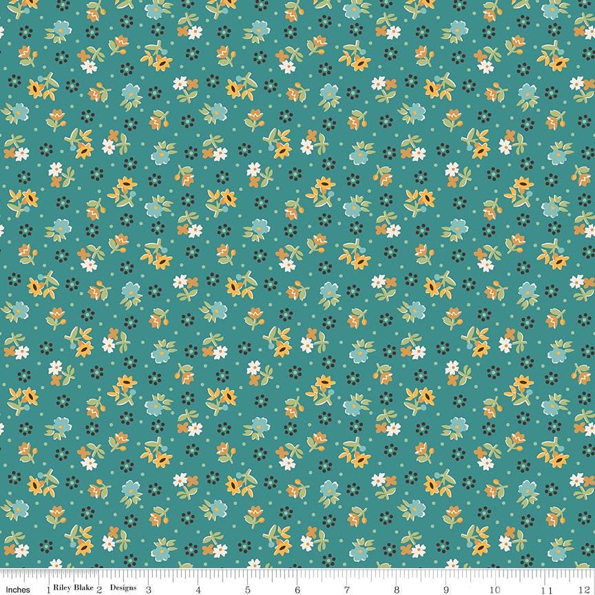 The image is a repeating pattern of small yellow flowers and leaves on a teal background, creating a visually appealing and colorful design.