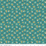 The image is a repeating pattern of small yellow flowers and leaves on a teal background, creating a visually appealing and colorful design.