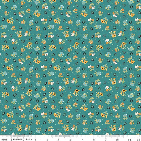 The image is a repeating pattern of small yellow flowers and leaves on a teal background, creating a visually appealing and colorful design.