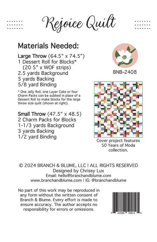 Rejoice Quilt Pattern BNB 2408 by Chrissy Lux for Sew Lux Fabric 64.5"x 74.5"