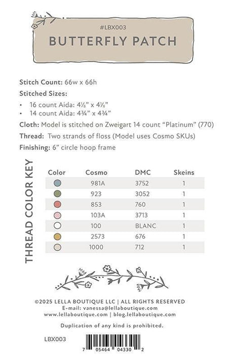 Butterfly Patch by Vanessa Goertzen for Lella Boutique X Stitch LBX003