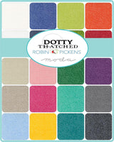 The image is a collage of various colorful fabric squares arranged in a grid pattern, with a central oval containing the text "DOTTY THATCHED ROBIN & PICKENS MODA".