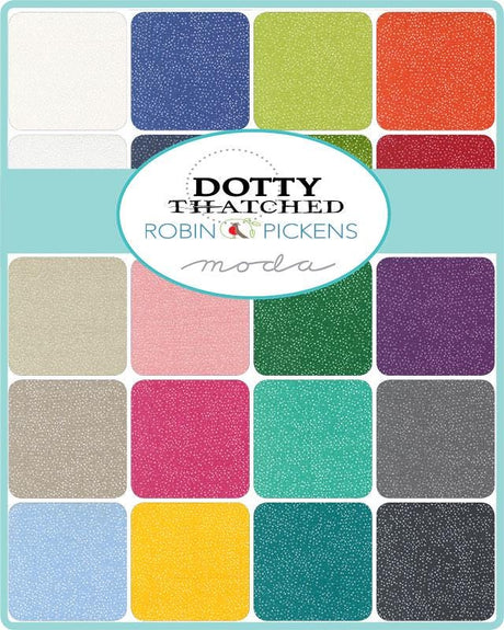 The image is a collage of various colorful fabric squares arranged in a grid pattern, with a central oval containing the text "DOTTY THATCHED ROBIN & PICKENS MODA".