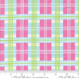 a fabric with a repeating pattern of pink and green plaid squares. The pattern is composed of vertical and horizontal stripes, creating a visually appealing and textured design. The fabric appears to be a soft, plush material suitable for clothing or home decor items.