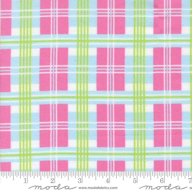 a fabric with a repeating pattern of pink and green plaid squares. The pattern is composed of vertical and horizontal stripes, creating a visually appealing and textured design. The fabric appears to be a soft, plush material suitable for clothing or home decor items.