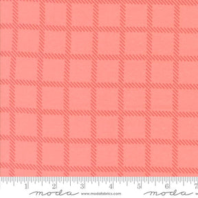 The image is a close-up of a fabric with a repeating pattern of red squares arranged in a grid-like fashion.