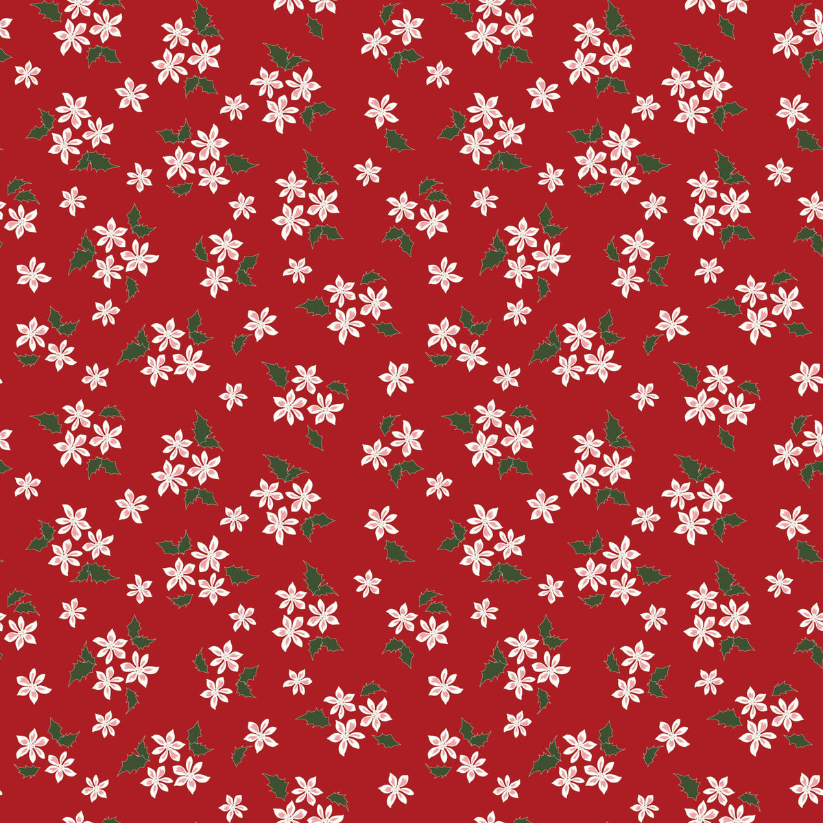 a repeating pattern of white flowers and green leaves against a red background.