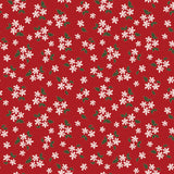 a repeating pattern of white flowers and green leaves against a red background.