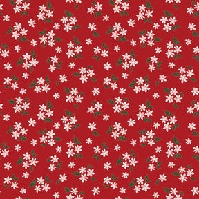 a repeating pattern of white flowers and green leaves against a red background.