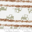 a repeating pattern of various construction vehicles, including tractors and bulldozers, on a white background with brown brushstrokes.
