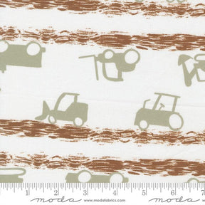 a repeating pattern of various construction vehicles, including tractors and bulldozers, on a white background with brown brushstrokes.