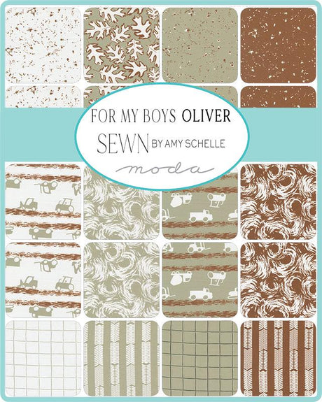 The image is a collage of various fabric patterns, including those with vehicles, trees, and other nature-inspired designs. The text "FOR MY BOYS OLIVER" and "SEW by AMY SCHELLE" is displayed, indicating the creator of the fabric patterns.