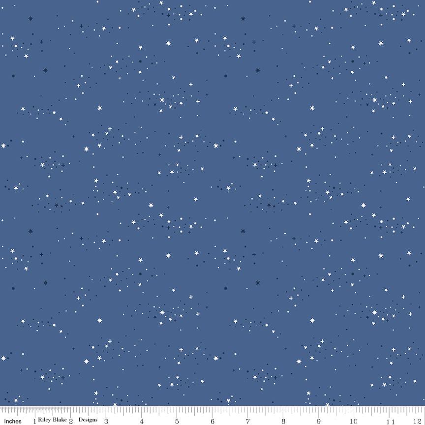 The image is a blue background with numerous small white stars scattered across it.