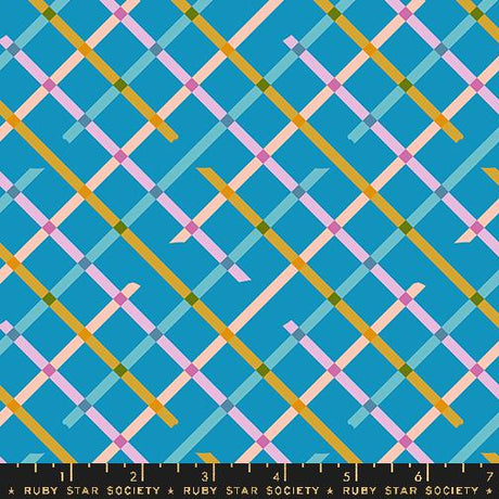 a vibrant and colorful pattern of intersecting lines in various shades of blue, yellow, and pink.