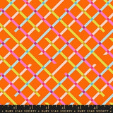 a vibrant, colorful pattern of intersecting lines in various shades of orange, pink, blue, and green.
