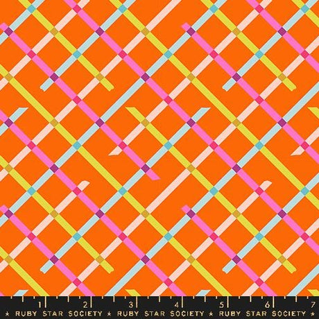 a vibrant, colorful pattern of intersecting lines in various shades of orange, pink, blue, and green.