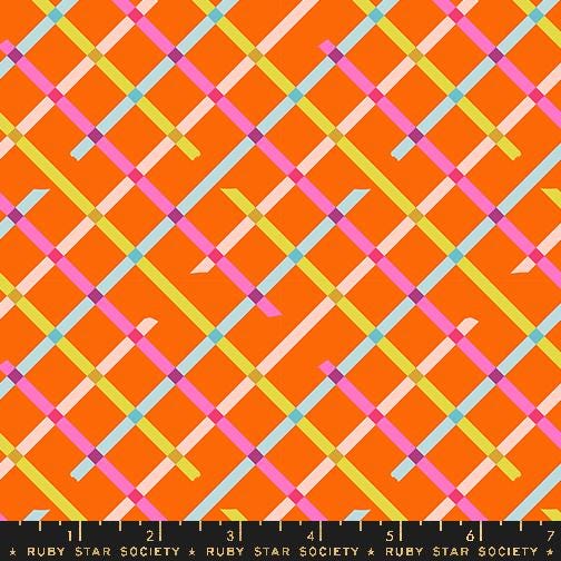 a vibrant, colorful pattern of intersecting lines in various shades of orange, pink, blue, and green.