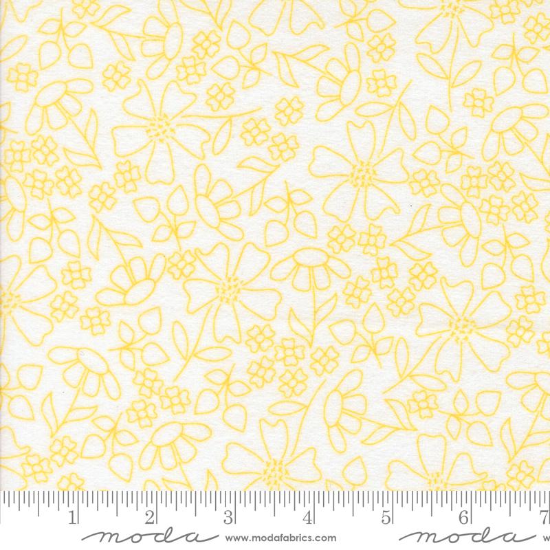a repeating pattern of yellow flowers and leaves on a white background.