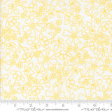 a repeating pattern of yellow flowers and leaves on a white background.