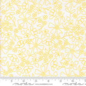 a repeating pattern of yellow flowers and leaves on a white background.