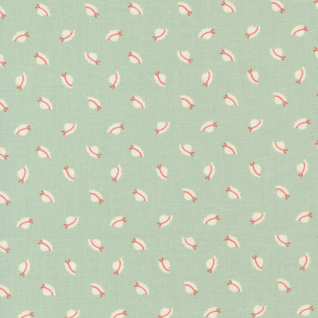 a repeating pattern of small white and red hats on a light green background.