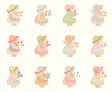 a collection of twelve cartoon-style illustrations of young girls wearing dresses and bonnets, each holding flowers. The illustrations are arranged in a grid pattern, with four rows and three columns.