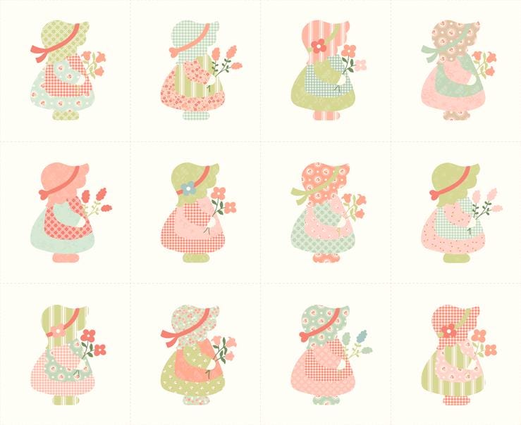a collection of twelve cartoon-style illustrations of young girls wearing dresses and bonnets, each holding flowers. The illustrations are arranged in a grid pattern, with four rows and three columns.