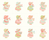 a collection of twelve cartoon-style illustrations of young girls wearing dresses and bonnets, each holding flowers. The illustrations are arranged in a grid pattern, with four rows and three columns.