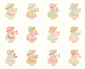 a collection of twelve cartoon-style illustrations of young girls wearing dresses and bonnets, each holding flowers. The illustrations are arranged in a grid pattern, with four rows and three columns.
