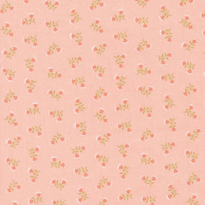 a repeating pattern of small pink flowers with green leaves on a light pink background.